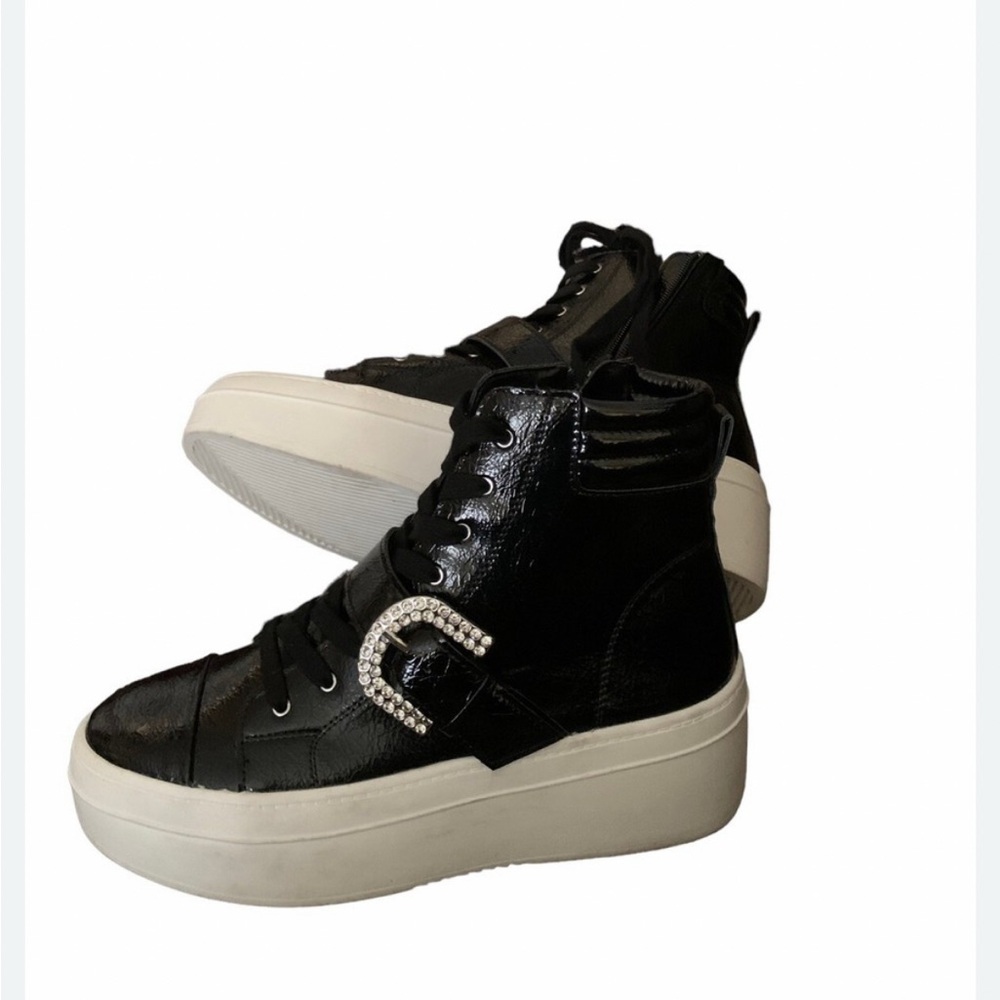 Gianni Bini Black High-Top Sneakers with Rhinestone Buckle
